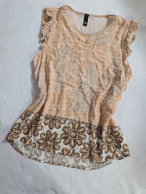 Light orange & brown Floral Embroidered Blouse Ruffled Sleeves, Size Medium